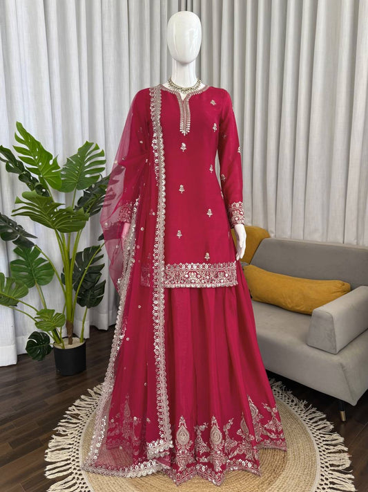 Premium Chinon Silk Thread & Sequence Work Top, Plazzo & Dupatta Set