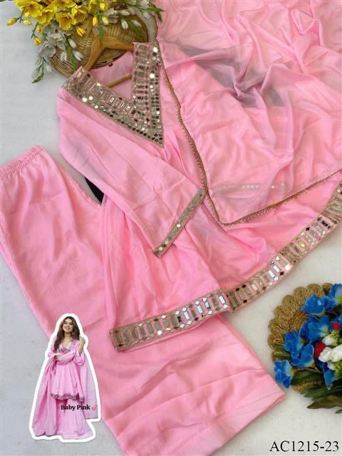 Premium Soft Chinon Mirror Work Palazzo Set With Dupatta