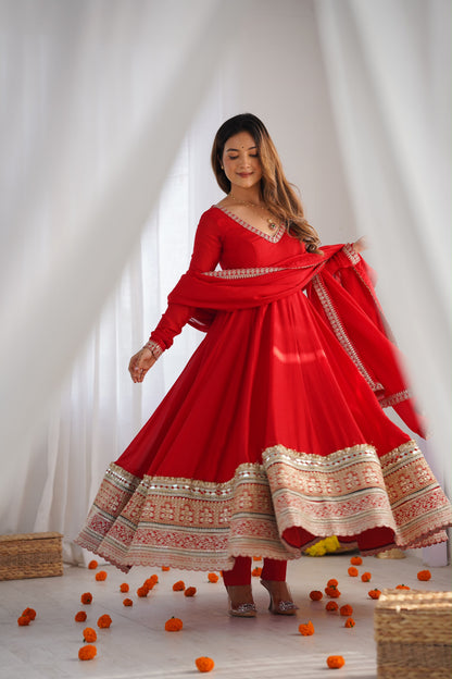 Premium Pure Blooming Vichitra Silk Anarkali Gown Set With Dupatta