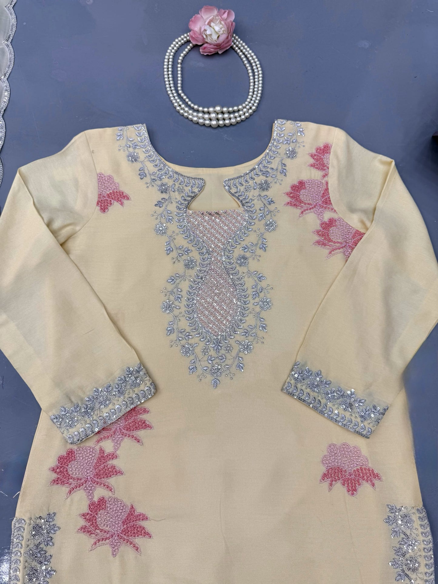 Premium Heavy Rayon Thread & Sequence Farshi Palazzo Set With Tibby Silk Dupatta