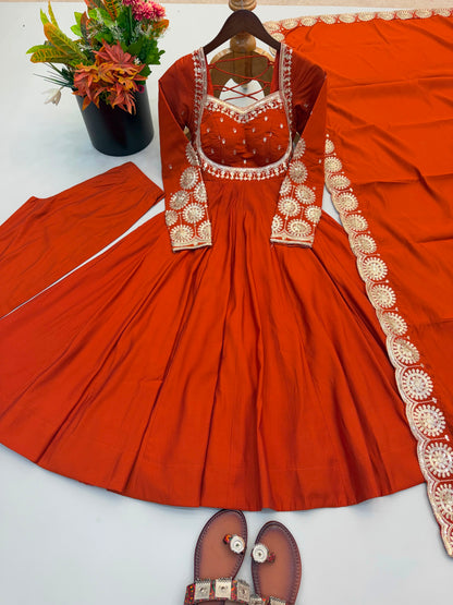 Premium Roman Silk Embroidered Anarkali Set With Chanderi Dupatta
