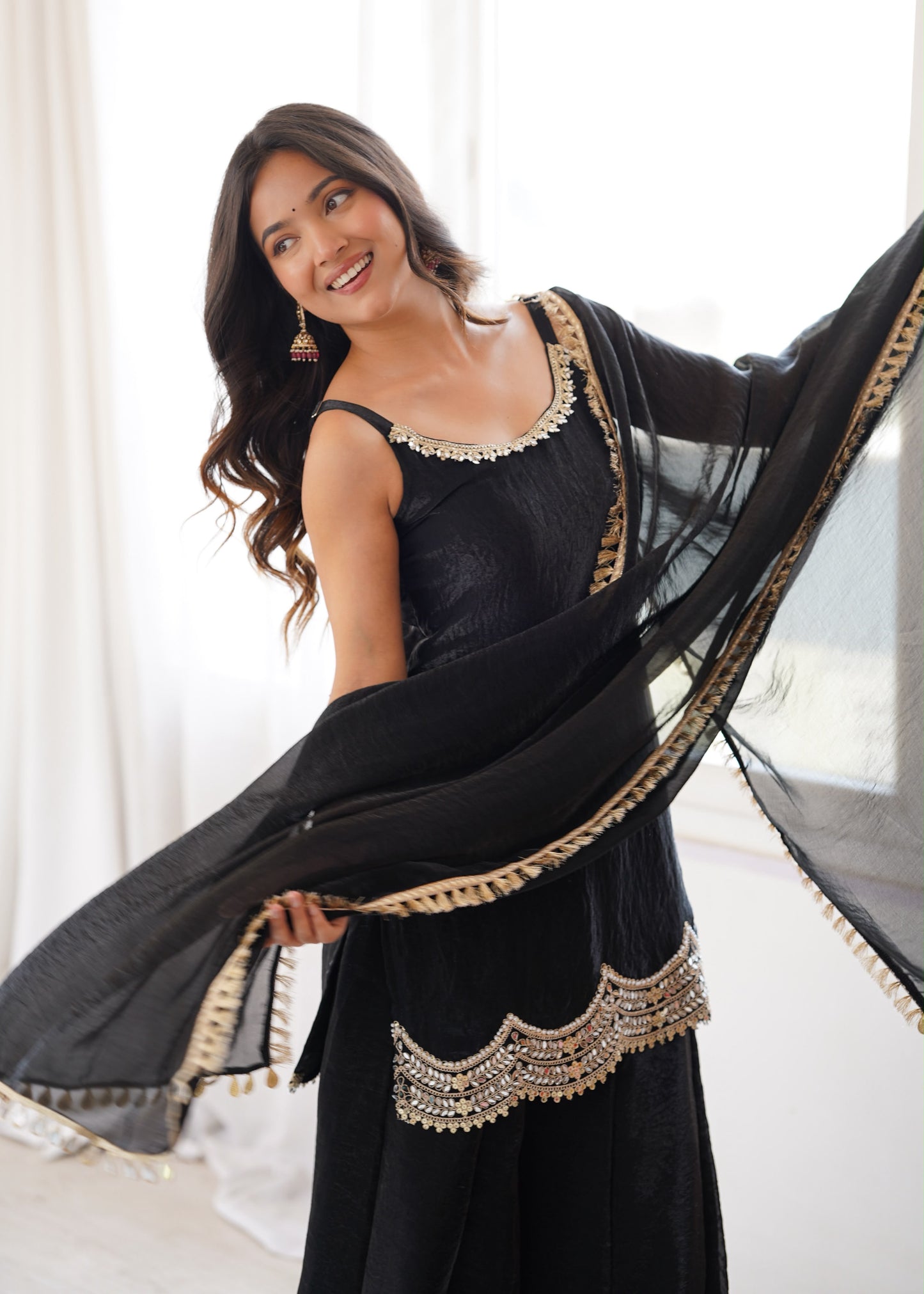 Fendy Silk Embroidered Mirror Work Sharara Set