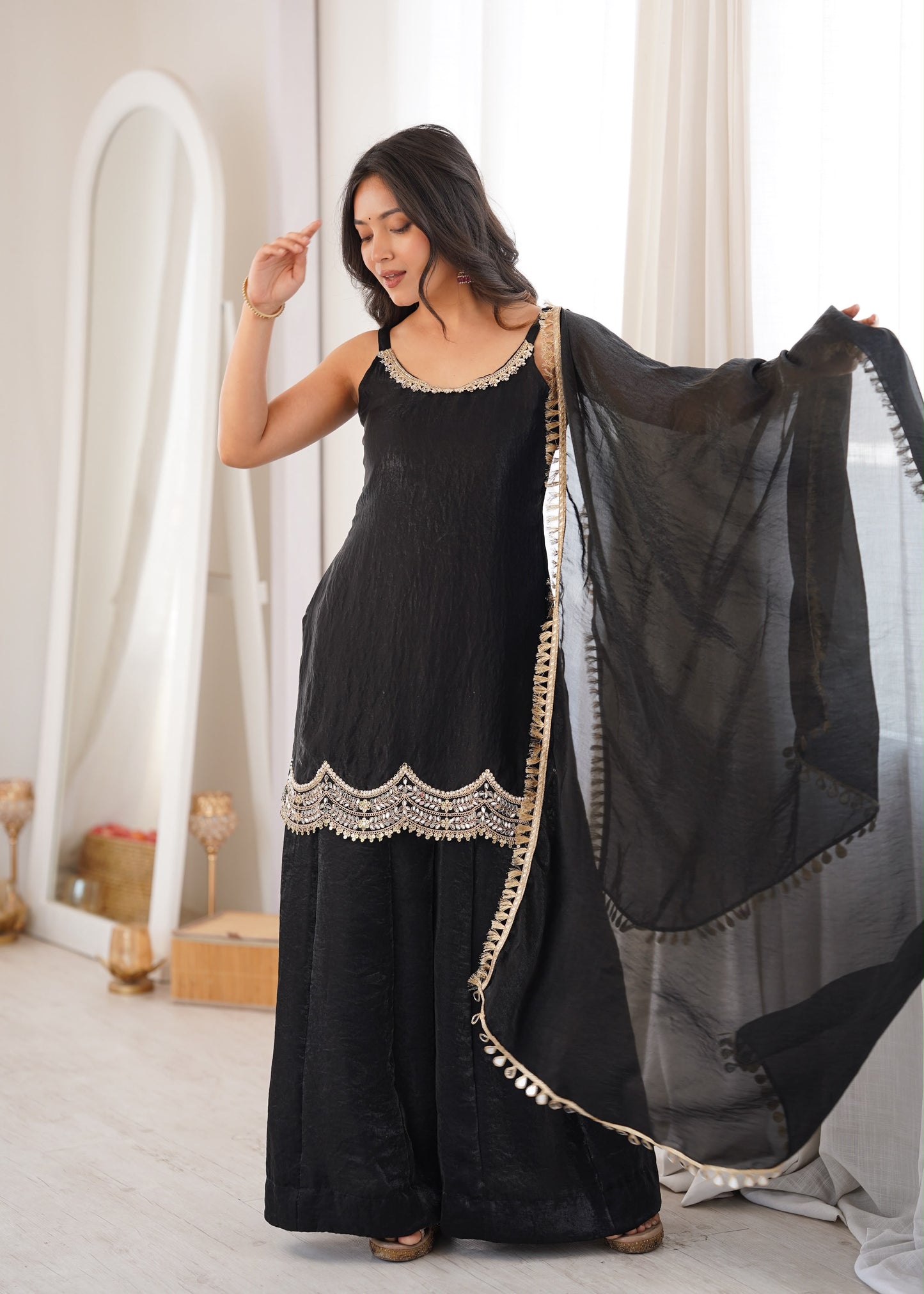 Fendy Silk Embroidered Mirror Work Sharara Set