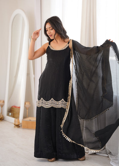 Fendy Silk Embroidered Mirror Work Sharara Set