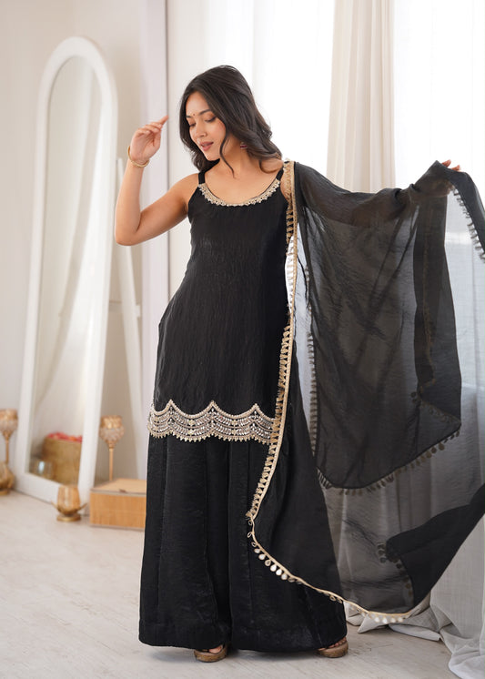 Fendy Silk Embroidered Mirror Work Sharara Set