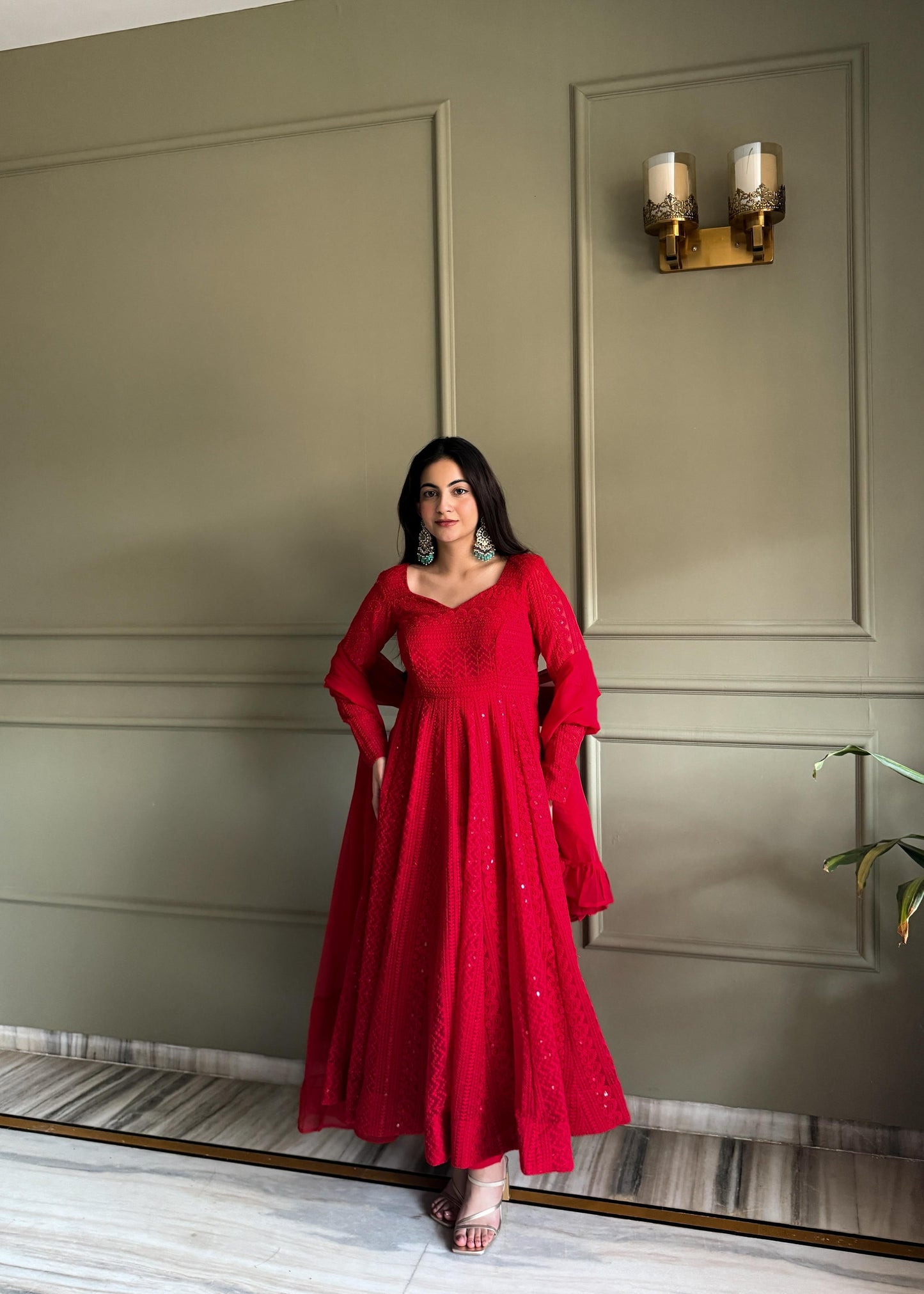 Red Lucknowi Chikankari Set