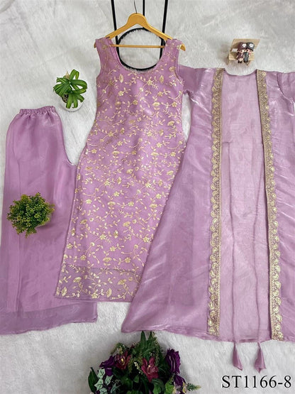 Premium Jimmy Silk Embroidered Kurti Palazzo Set With Koti