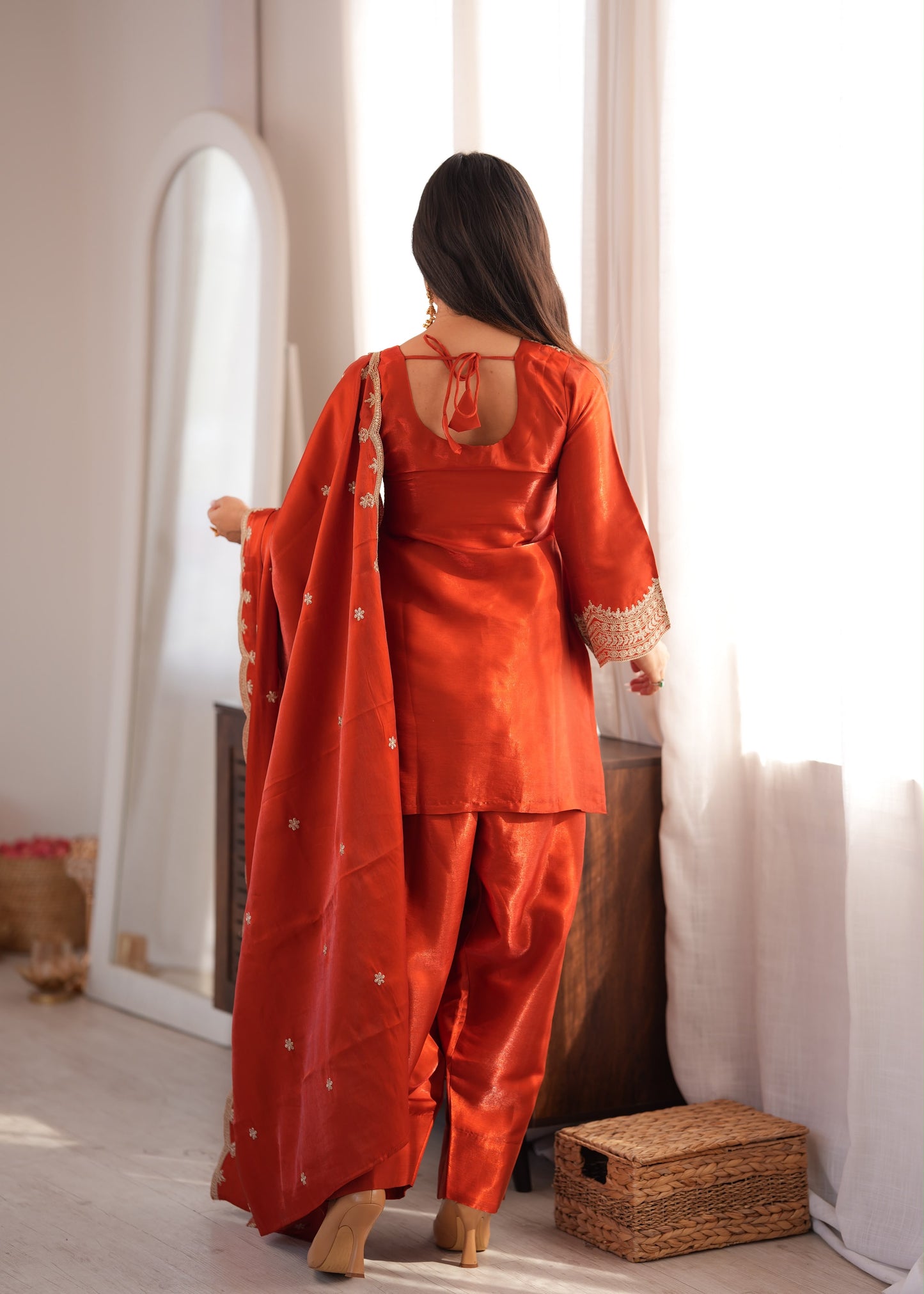 Glass Roman Silk Top, Farshi Salwar & Dupatta Set