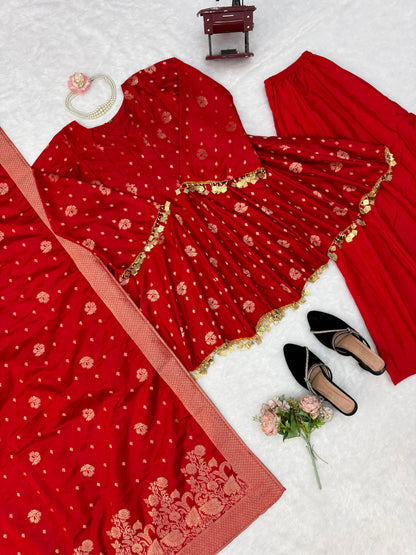 Satin Silk Kurta Set with Palazzo and Dupatta