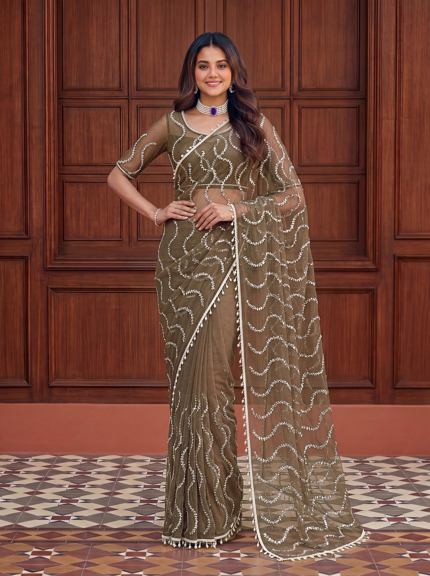 Designer Handwork Net Saree With Beads, Sequence & Pearl Embroidery