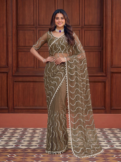 Designer Handwork Net Saree With Beads, Sequence & Pearl Embroidery