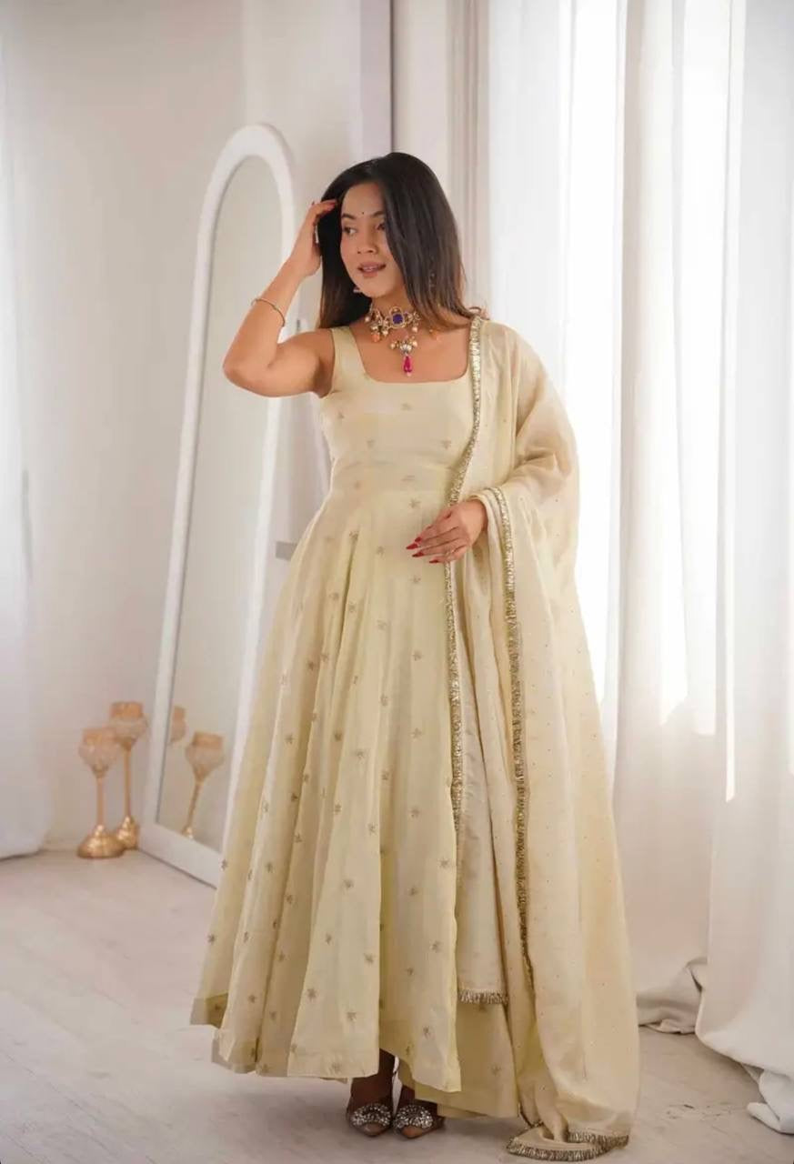 Cosmos Gold With Embroidery Work Gown