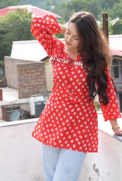 Pure Cotton Bandhej Print Short Kurti