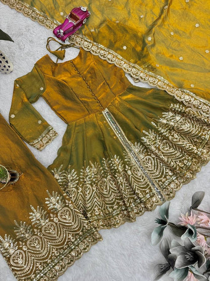 Fendy Satin Silk Gown Sharara Set with Mirror Work