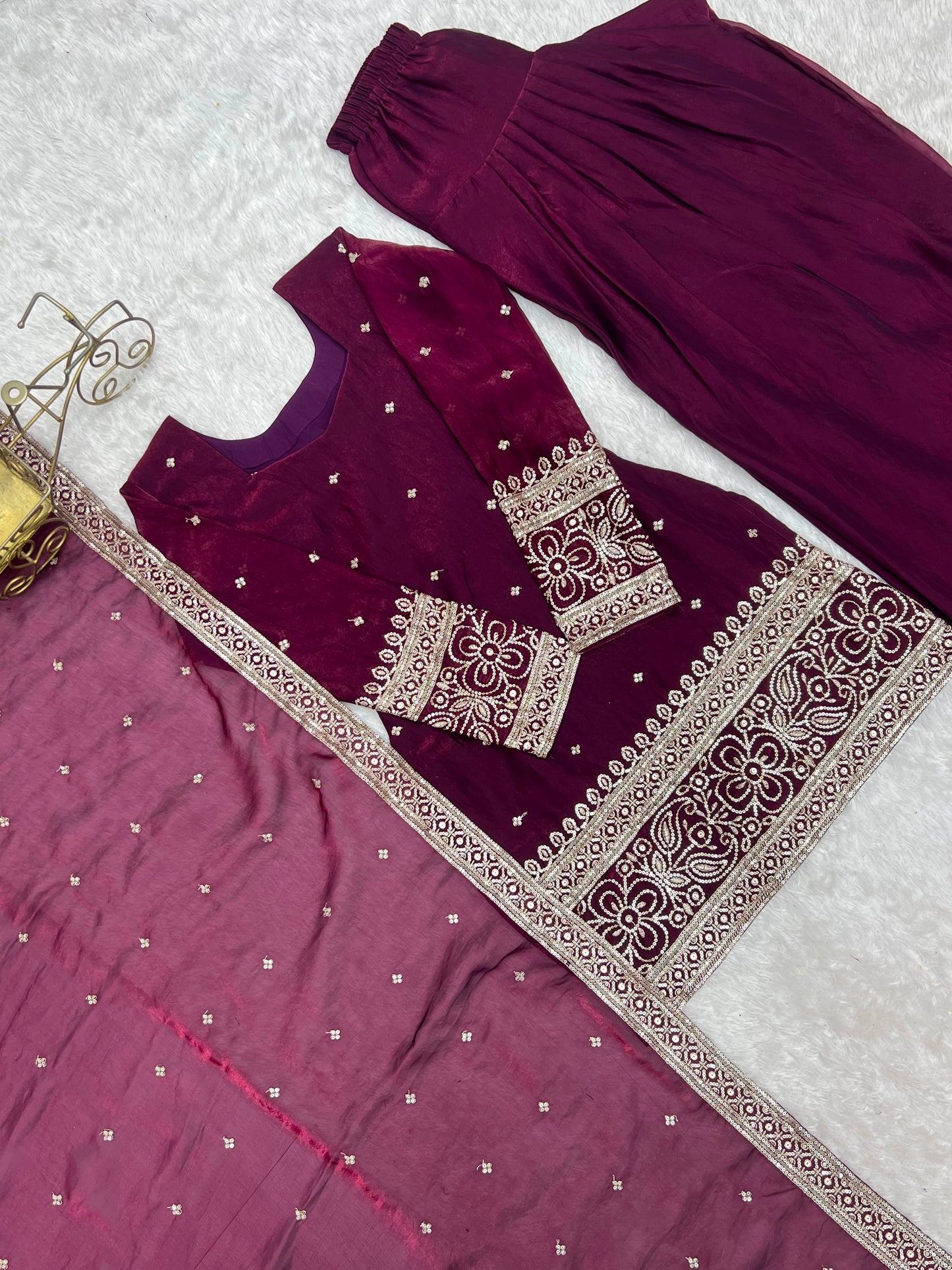 Wine Heavy Fendy Silk Embroidered Kurta Set with Farshi Shalwar and Dupatta