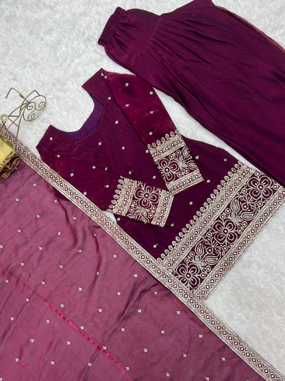 Wine Heavy Fendy Silk Embroidered Kurta Set with Farshi Shalwar and Dupatta