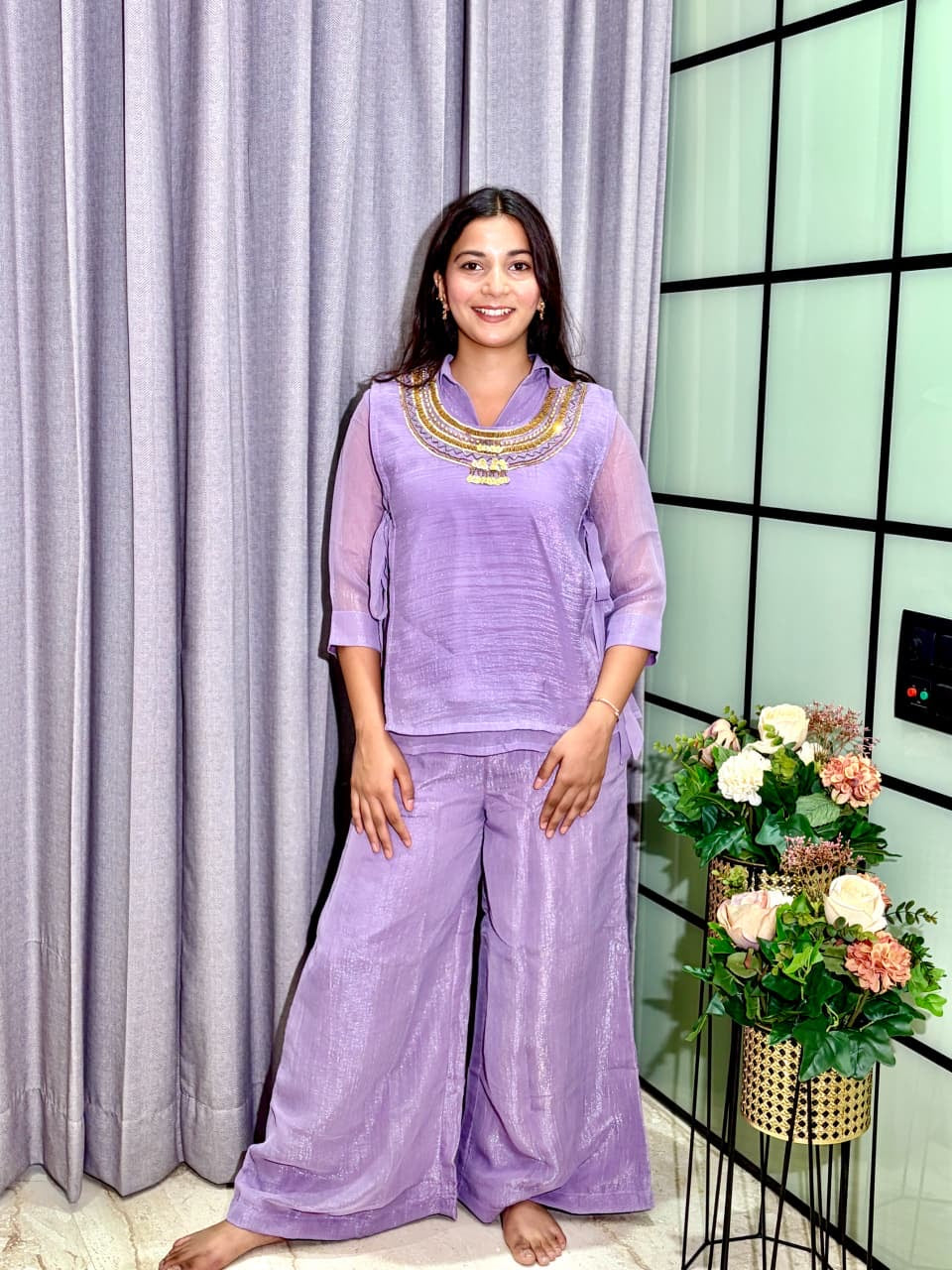 Premium Crunchy Silk Co-Ord Set With Shirt & Plazzo