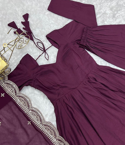 Pure Roman Silk Chanderi Anarkali Set