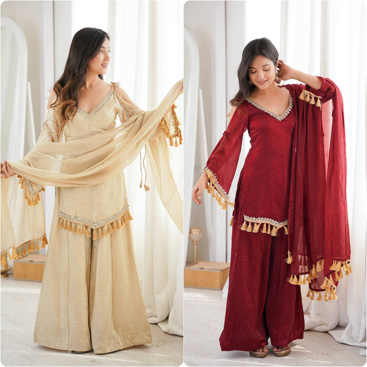 Premium Crush Mirror Work Top Palazzo Set With Dupatta