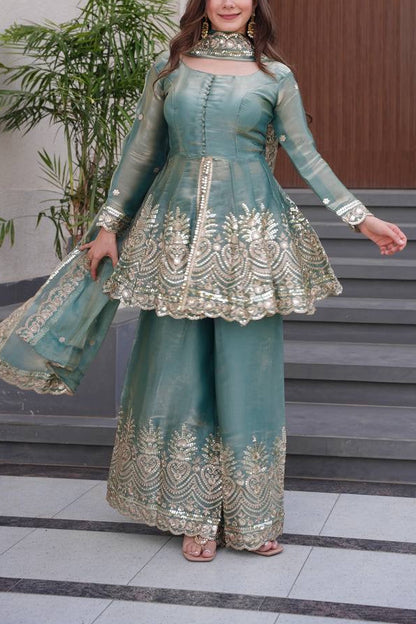 Fendy Satin Silk Gown Sharara Set with Mirror Work