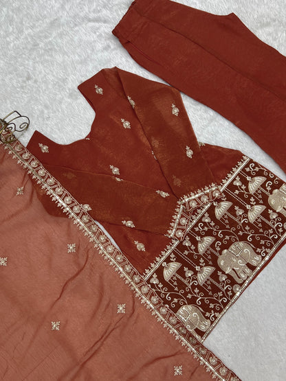 Crunchy Silk Embroidered Kurta Set with Bell Bottom and Dupatta