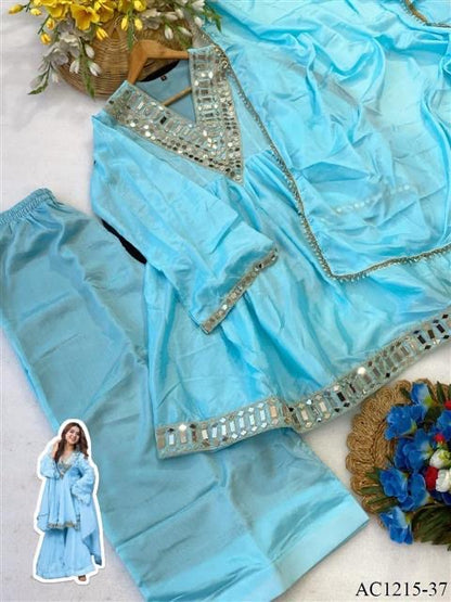 Premium Soft Chinon Mirror Work Palazzo Set With Dupatta