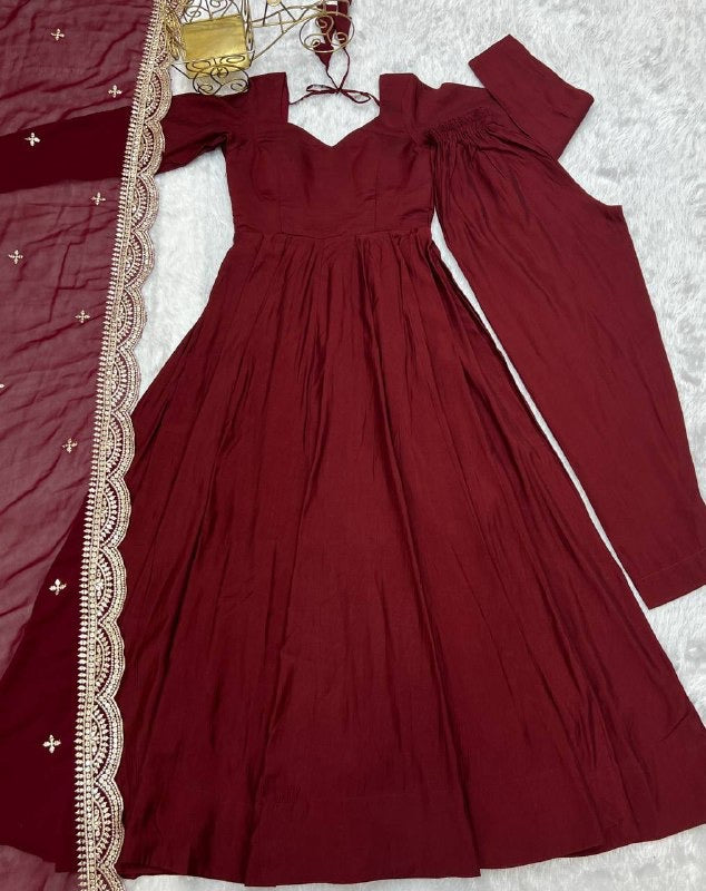 Pure Roman Silk Chanderi Anarkali Set
