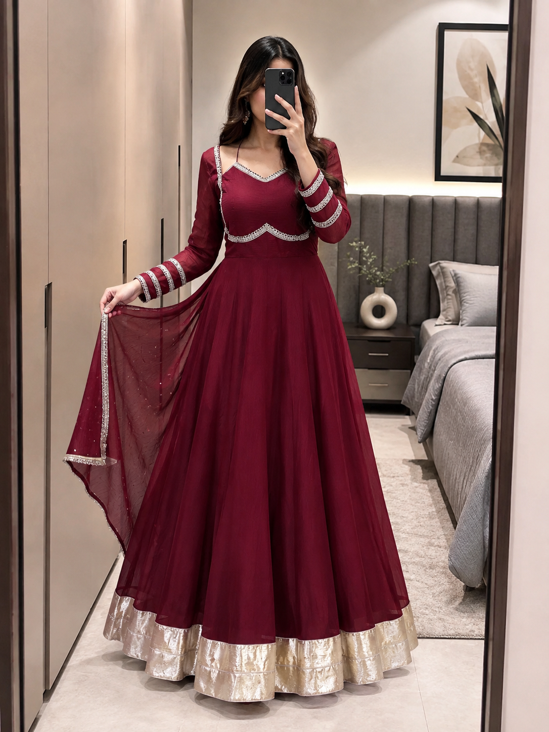 Premium Silver Crunchy Mirror Lace Gown With Designer Dupatta