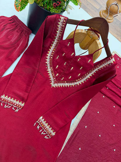 Roman Glass Real Mirror Work Top With Plazzo & Chanderi Silk Dupatta Set