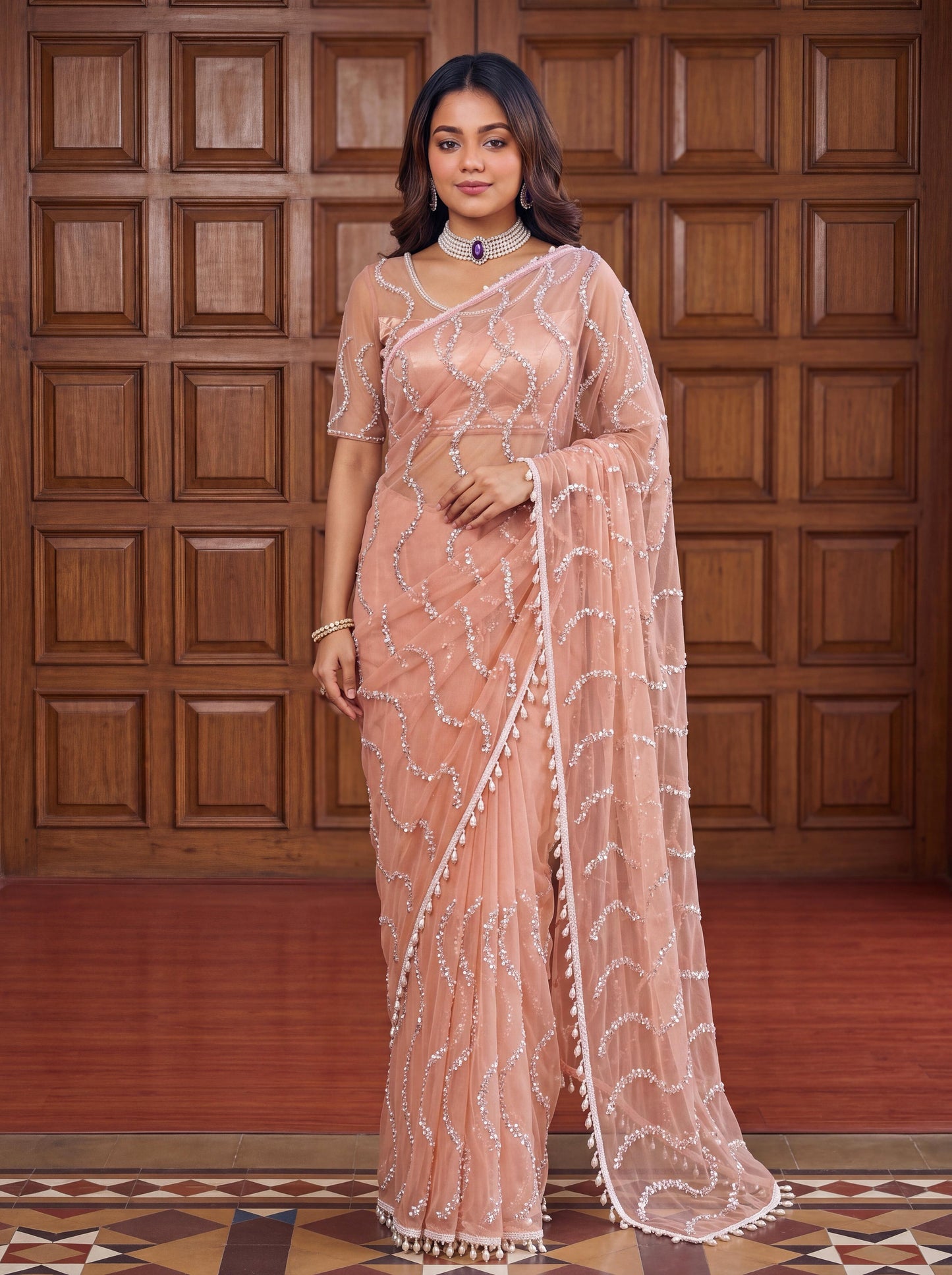 Designer Handwork Net Saree With Beads, Sequence & Pearl Embroidery