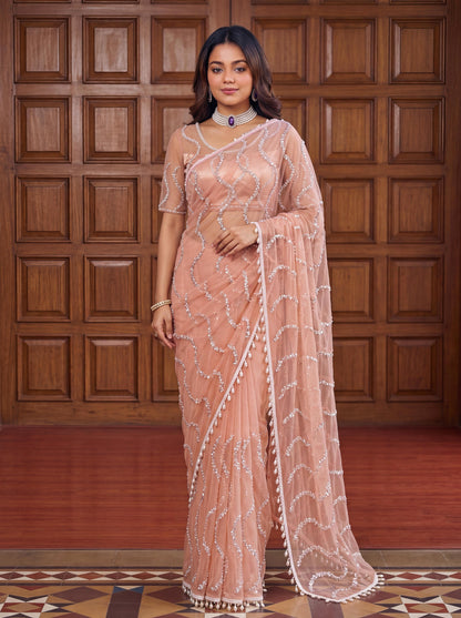 Designer Handwork Net Saree With Beads, Sequence & Pearl Embroidery
