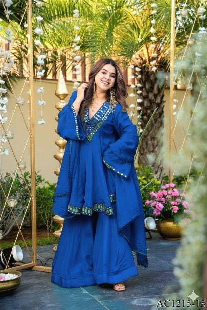 Premium Soft Chinon Mirror Work Palazzo Set With Dupatta