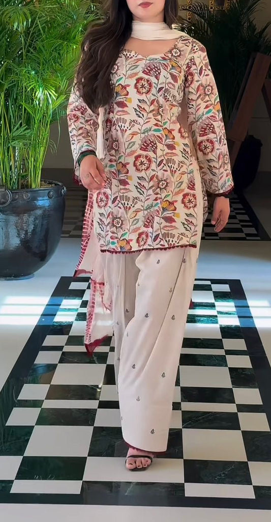 Cambric Cotton Top, Farshi Pant & Dupatta Set
