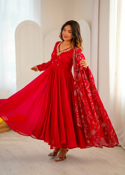 Premium Faux Georgette Khatli Mirror Work Anarkali Set With Dupatta
