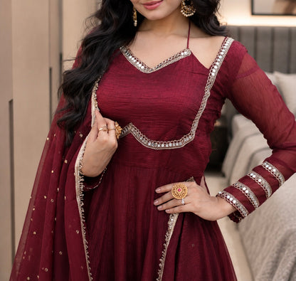 Premium Silver Crunchy Mirror Lace Gown With Designer Dupatta