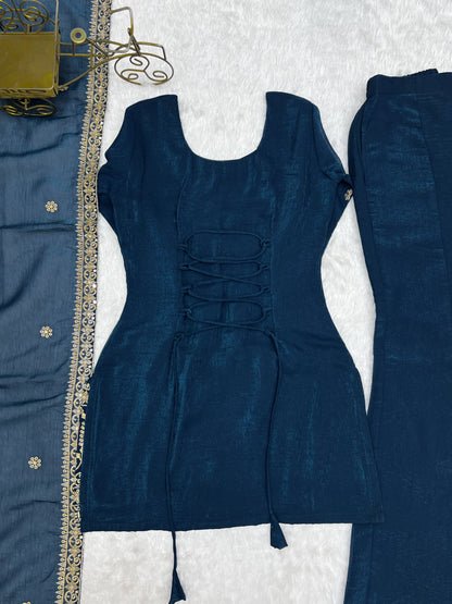 Teal Blue Crunchy Silk Embroidered Kurta Set with Bell Bottom Pant and Dupatta