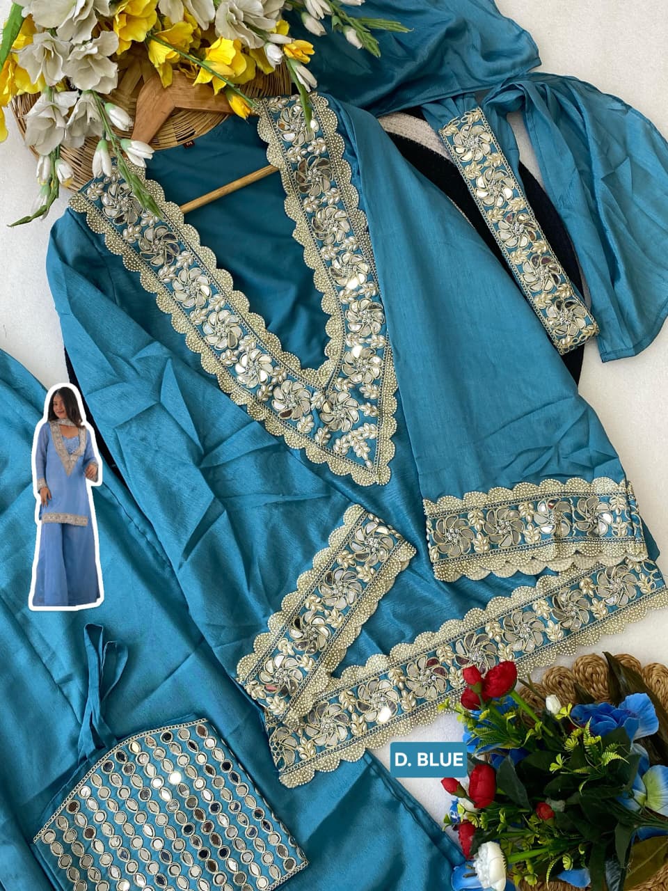 Premium Chinon 4 Piece Sharara Suit Set With Mirror