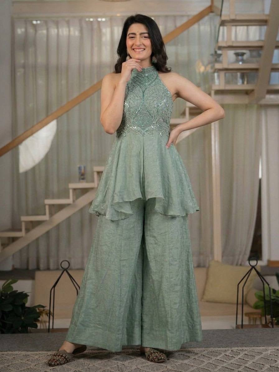 Heavy Fandy Crush Full Neck Handwork Top With Sharara Plazzo Set
