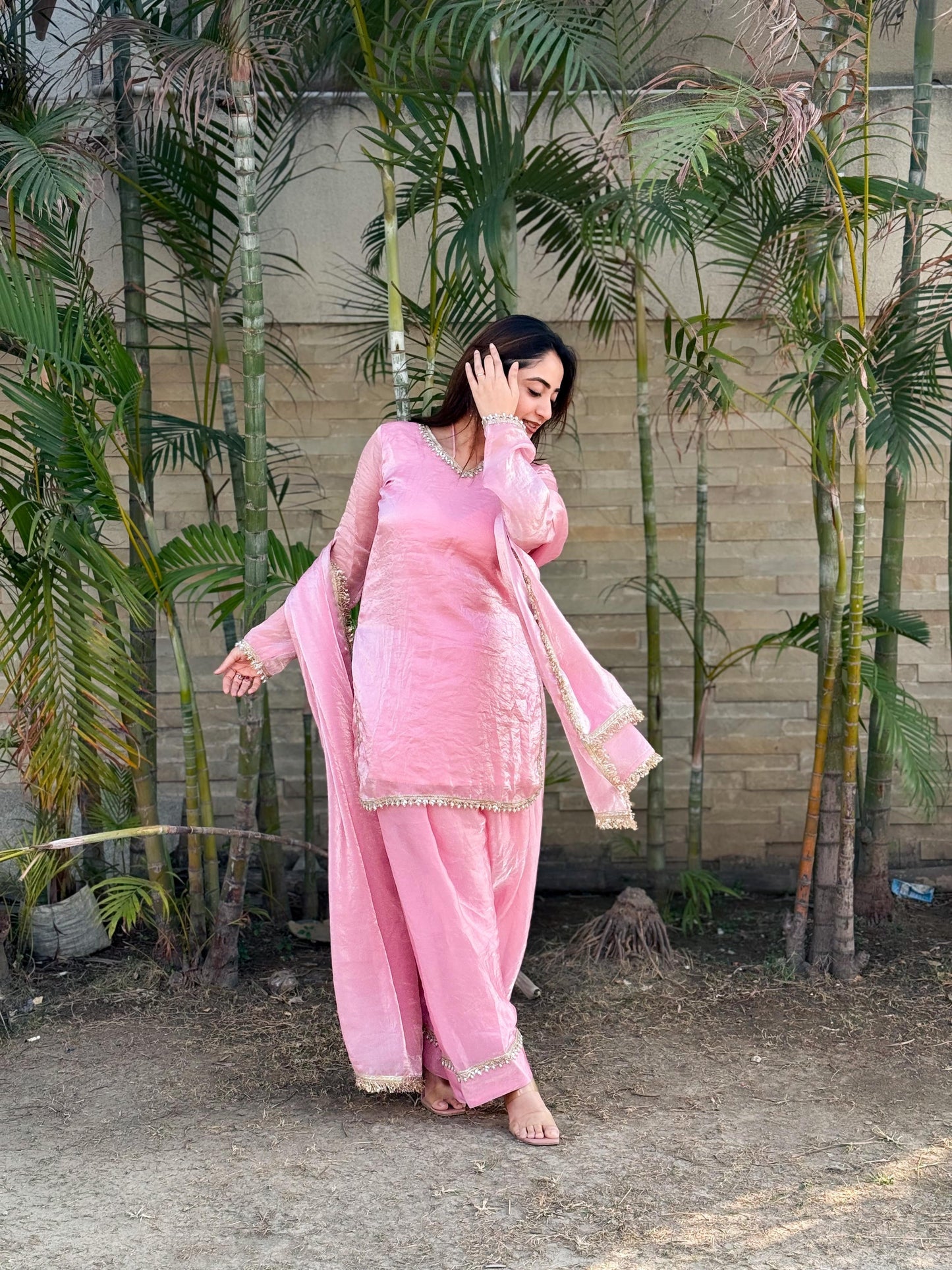 Designer Farsi Salwar Set – Fendi Satin Silk with Mirror Work