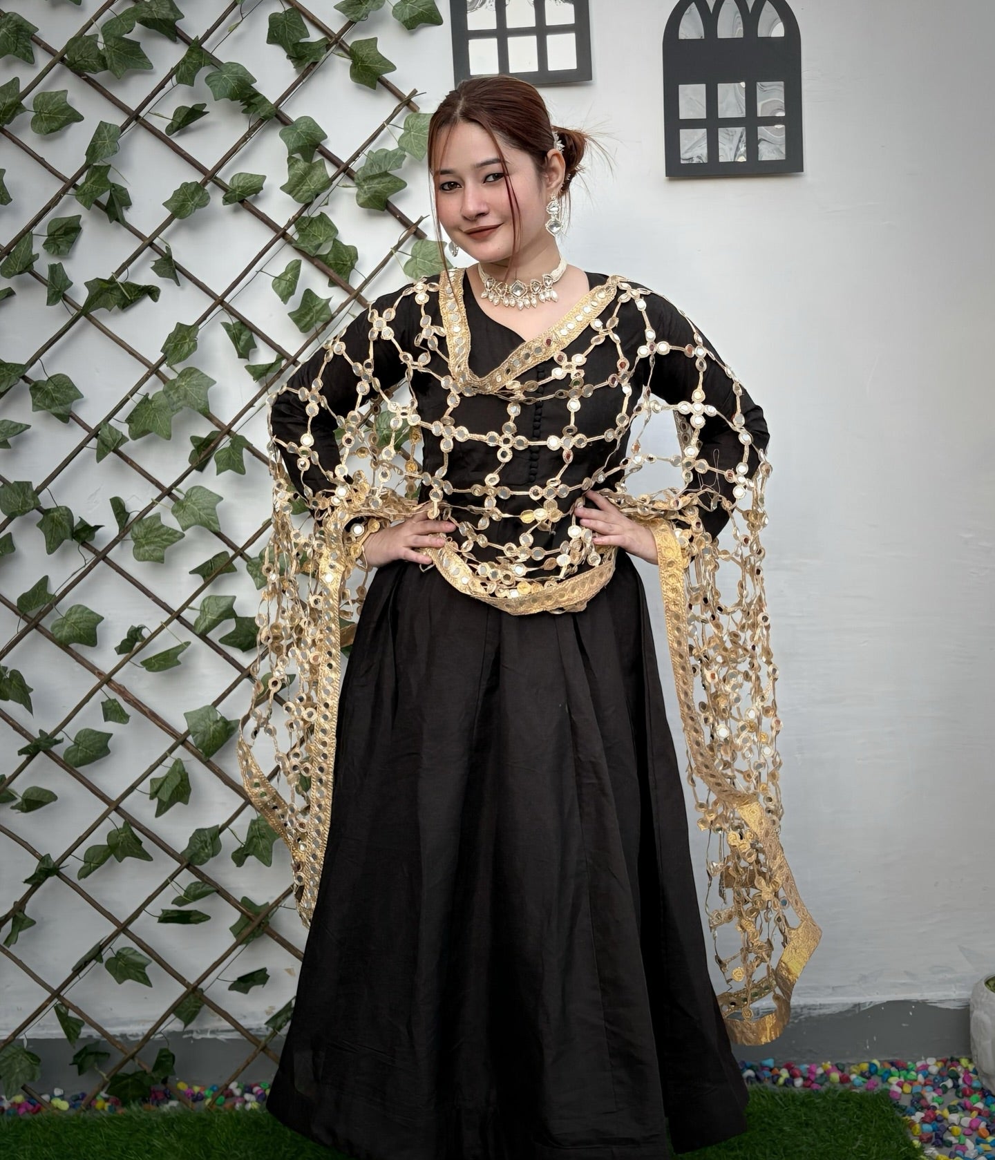 Premium Real Mirror Dupatta Anarkali Set