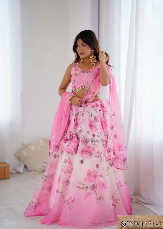 Digital Print Organza Silk Lehenga Set