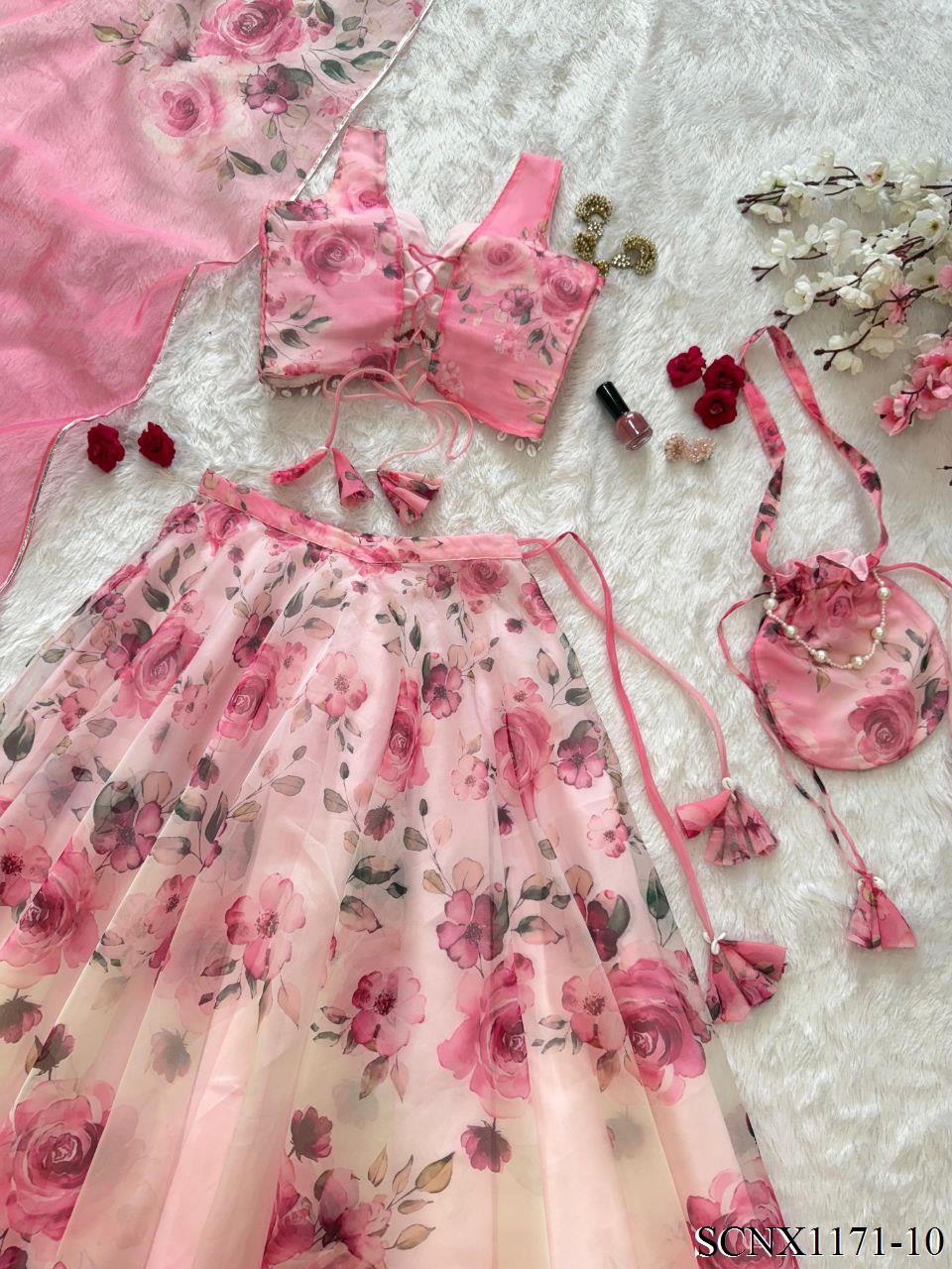 Digital Print Organza Silk Lehenga Set