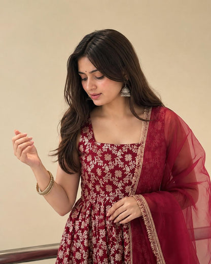 Chanderi Jacquard Butti Anarkali Set